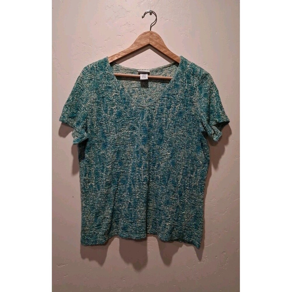 Jaclyn Smith Women's XL Short Sleeve Stretchy Textured Teal/Tan Patterned Blouse